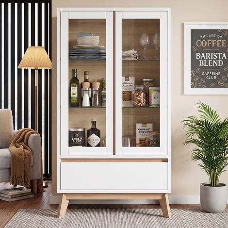 Buffet de cuisine blanc et effet bois, 80 x 40 x 150 cm, avec étagères réglables (1/5)