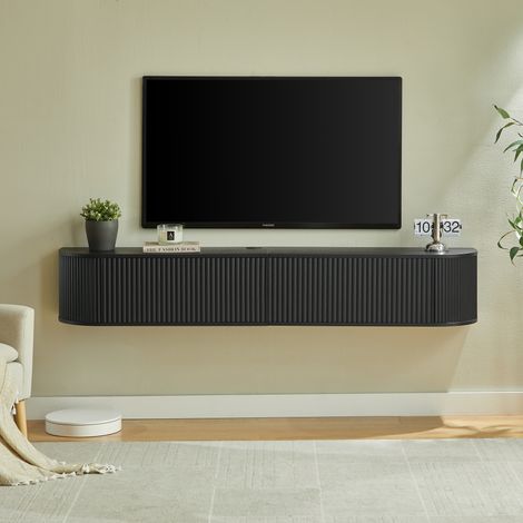 Meuble TV suspendu 180 cm noir avec passe-câbles et portes rainurées, pour TV 50-80 pouces (1/5)