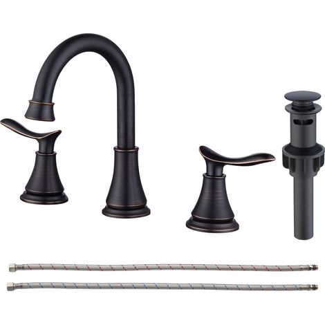 Robinet de lavabo de 20 cm (8 po), nickel brossé, 2 poignées, bec pivotant à 360° avec bonde escamotable, bronze huilé (1/5)
