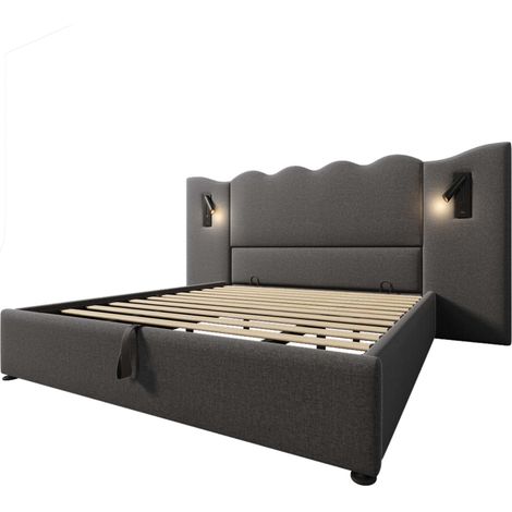 Doppelbett 180x200 mit Leselampe, USB-C-Ladung und Stauraum, graues Leinenbett, ohne Matratze (1/5)
