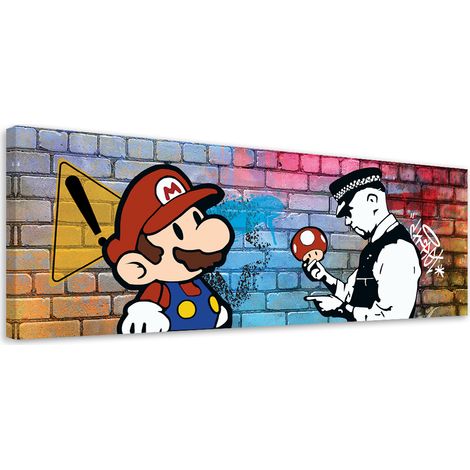 Tableau sur toile Banksy Mario et le policier 90x30 (1/5)