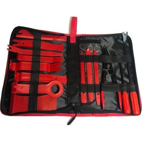 Kit de 19 clés pour le démontage des garnitures intérieures de voiture, zggzerg, avec sac de rangement, pour la pose et le démontage des garnitures de porte et des bornes audio, rouge. (1/5)
