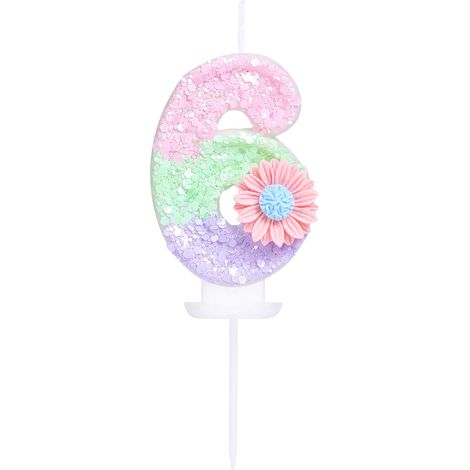 Bougie d'anniversaire en forme de chiffre 6 avec fleur, bonbons macarons pailletés, bougie d'anniversaire pour fille et femme, thème doux, 6e anniversaire, mariage, décoration de gâteau (1/5)