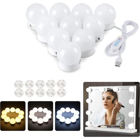Schminkspiegelbeleuchtung, Hollywood-Beleuchtung für Schminktische, 10 dimmbare USB-LED-Streifenleuchten, verstellbare Schmink-Nachtleuchte (1/4)
