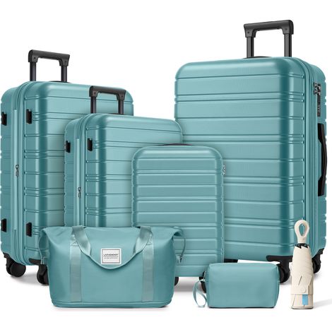 Ensemble de bagages 6 pièces avec sacs de voyage type duffel, valises rigides extensibles à roulettes pivotantes, bleu brumeux (1/5)