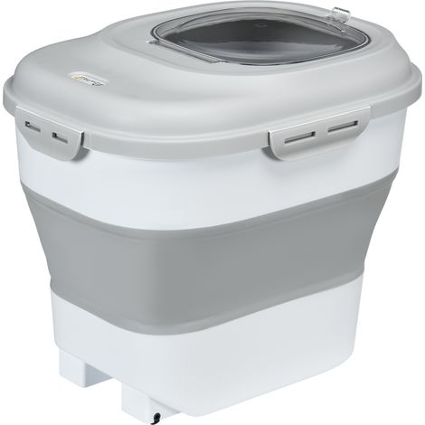 Contenedor comida perros 25L con ruedas, taza medidora, cuenco plegable y cuchara gris