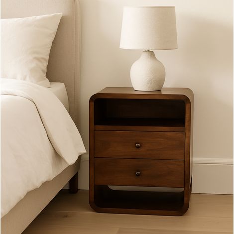 Comodino scandinavo in legno massello marrone castagno, 2 cassetti e 2 vani aperti