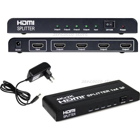 Sdoppiatore Splitter HDMI 1.4 1080P 3D 1X4 4 Uscite ALTA Risoluzione DVD TV play