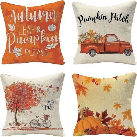 Set Of 4 Decorative Fall Pillowcases - Fall Pumpkin Farmhouse Linen 18 X 18" Pillow Cushion 1000 pcs (1/5)