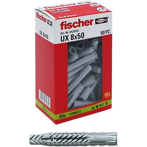 Fischer 542453 50 Tasselli per Muro Pieno, Mattone Forato, Cartongesso, 542453, ‎Grigio, 8 x 50 mm