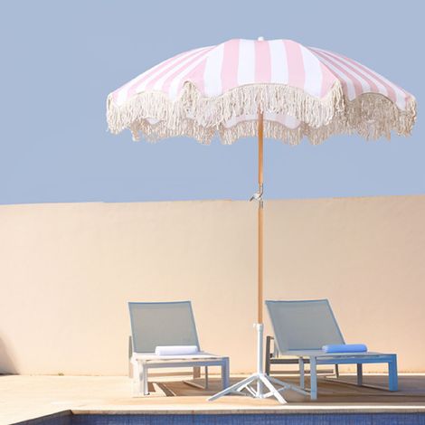 Sombrilla con flecos, 8 varillas, fibra de vidrio, resistente a los rayos UV, 215 x 180 cm, poliéster, fibra de vidrio, madera, aluminio, para terraza, jardín, piscina (1/5)