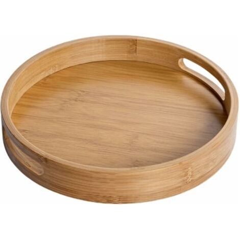 Plateau de service rond en bois avec poignées(marron),25x25x4cm, plateau décoratif rond, en bambou naturel, plateau décoratif pour café, bar, restaurant (1/5)
