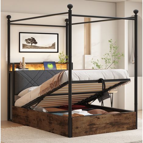 Himmelbett mit Stauraum LED 90x190 Metall Schwarz OKMYHOME (1/5)