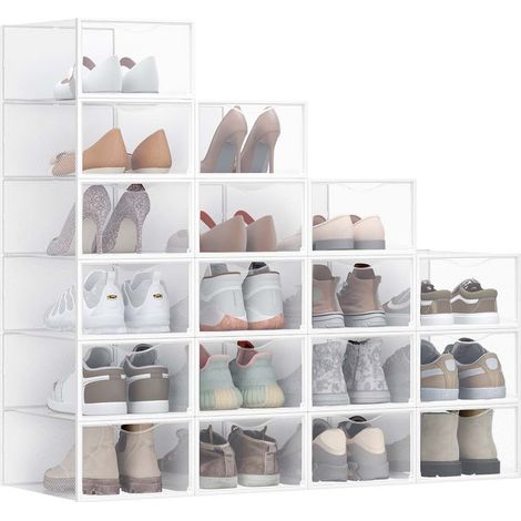 Cajas organizadoras de zapatos de plástico con puerta juego de 12 apilables fácil montaje 332 x 23 x 145 cm para tallas de calzado hasta 43 transparentes y blancas 120004465 (1/5)