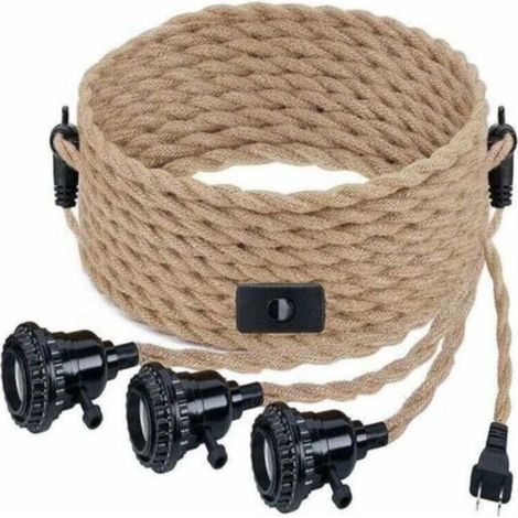 Suspension et lustre Luminaire avec Interrupteur et Prise Industrielle Vintage Lustre 3 Lumières E27 Suspension et lustre DIY Corde de Chanvre Accessoires de Luminaires Retro Style pour Salon Café Res (1/5)