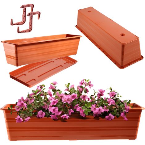 KADAX Blumenkasten mit Untersetzer und 2 Griff, Terracotta, 60 cm