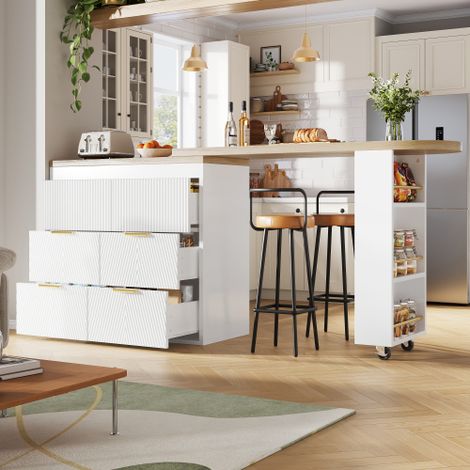 Buffet de cuisine ,Table de bar / Table haute avec 6 tiroirs,avec dispositif de sécurité anti-basculement,Table multifonction pivotante à 360° ,utilisable comme table à manger, bar ou burea,Blanc
