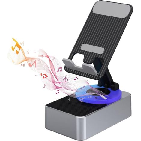 Supporto per telefono Bluetooth con altoparlante wireless, suono surround HD, luce LED e base antiscivolo, adatto per uso domestico e esterno, colore grigio. (1/3)