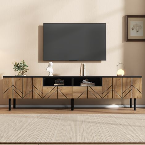 Meuble TV 180x40x45 cm noir et effet bois en panneau de particules avec tiroirs, portes et rangement (1/5)