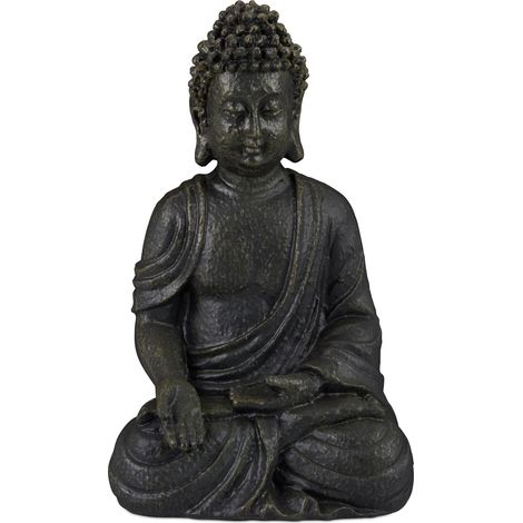 Relaxdays Sitting Buddha Figurine, 18 cm, Decorative Ornament for Living Room & Bathroom, Moisture-Resistant, Dark Grey