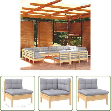Gartenmöbel - 13-tlg. Garten-Lounge-Set mit Grauen Kissen Kiefer Massivholz (1/5)