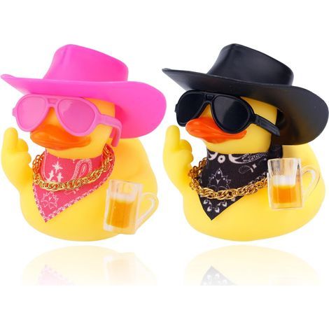Lot de 2 Canards en Caoutchouc Décoratifs avec Lunettes et Chapeaux - Décoration de Voiture, Bureau, Maison (Rose, Noir) (1/5)