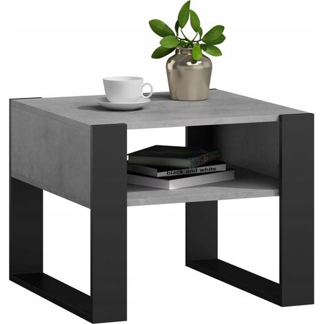 Table Basse KAJA Béton / Noir - Table de Salon Carrée avec étagère - 60 x 63.6 x 50 cm (1/4)