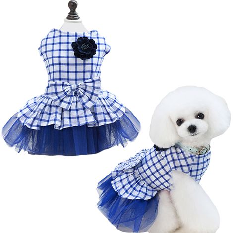 1 jupe écossaise, coton, bleu, pour chienne petite taille, ajustable tour de poitrine et cou, idéale fête anniversaire ou mariage (1/5)