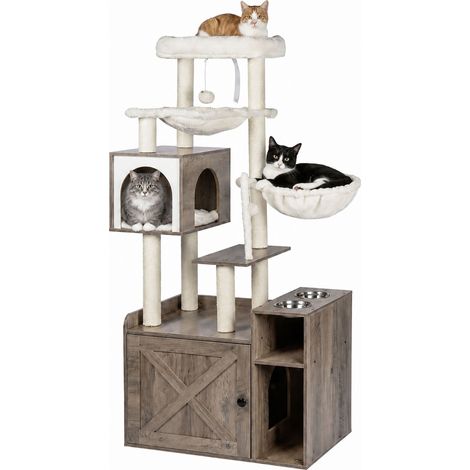 Relaxdays Cat Tree with Litterbox Cabinet & Feeding Station, HxWxD 144×71×45.5 cm, sisal posts & bowls, light brown (1/5)