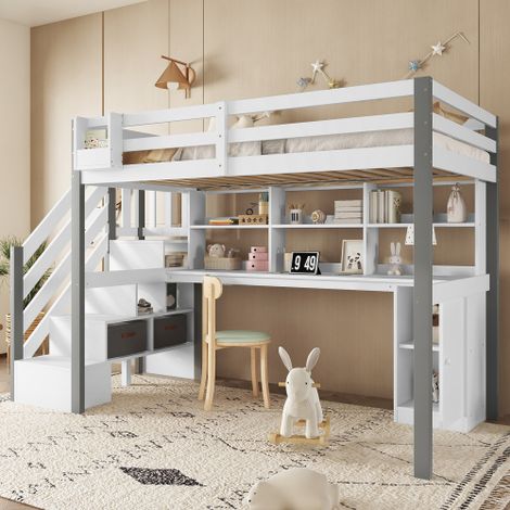 Lit mi-hauteur enfant avec bureau intégré, casiers fermés, étagère ouverte, échelle latérale, boîte de rangement en tissu, bois de pin et MDF, blanc et gris, 90x200 cm (1/5)