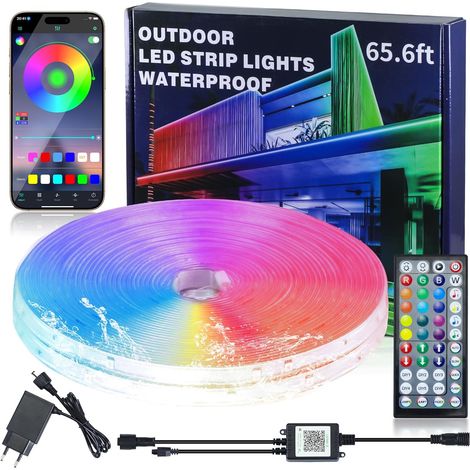 Bande LED 20M pour Extérieur, Bande LED RGB Étanche IP68 pour Extérieur, Compatible avec une Télécommande/APP avec Synchronisation Musicale et Fonction de Minuterie pour Balcons, Toits et Jardins [Cla (1/5)