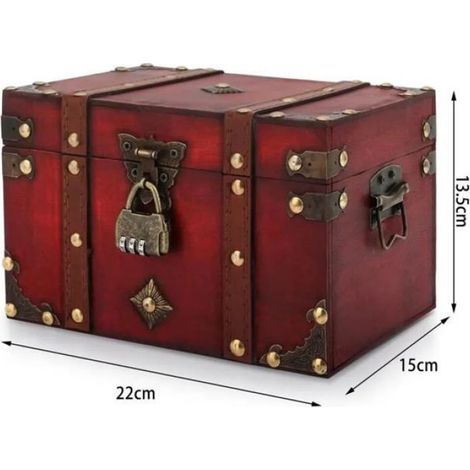 1 Boîte de rangement, bois massif, finition rétro, cadenas, décoration intérieur (1/4)