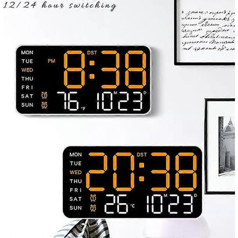 Große digitale Wanduhr mit Wochentags-, Datums- und Temperaturanzeige, Sprachsteuerung, LED-Wecker, Helligkeit einstellbar, 12/24-Stunden-Anzeige – JXLGV (1/4)