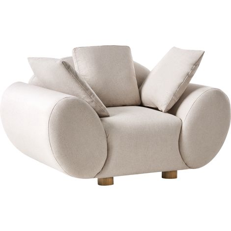 Sillón moderno tapizado patas de madera de caucho tejido trenzado respaldo acolchado beige claro Ringel