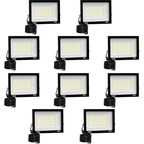 10 Pack Projecteur LED Extérieur 150W 15000 lúmenes 3000K Blanc froid Spot LED Eclairage IP65 Étanche Projecteur Extérieur Eclairage de Sécurité Floodlight pour resistente al agua