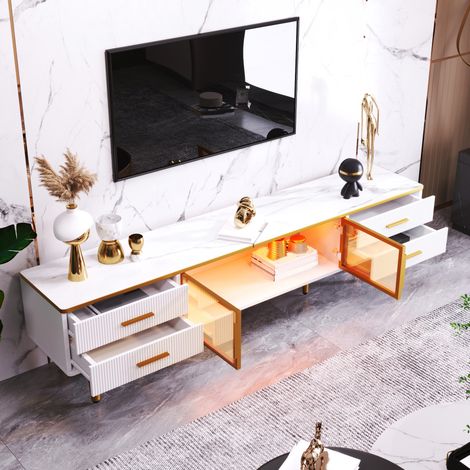Mueble TV 170x37x47.5 cm blanco en tablero de partículas con LED, 4 cajones ondulados y 2 puertas de vidrio templado (1/5)