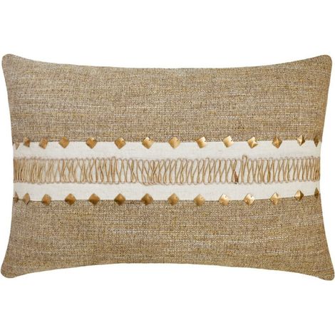 Funda de almohada lumbar HomeCentric Beige de 30 x 66 cm, encaje de yute y lino, lentejuelas hechas a mano, estampado de color liso, estilo moderno - beige tierra