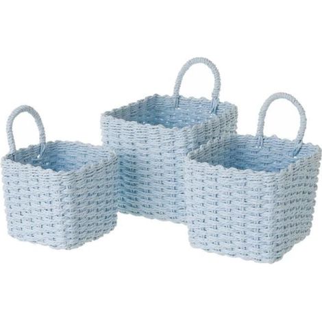 Panier de rangement - JUANIO - Lot de 3 - Papier tressé - Carré - Bleu (1/3)