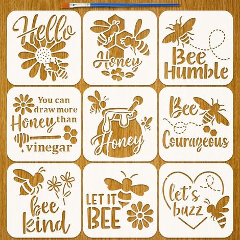 9 Pcs Pochoir Peinture Mots Abeilles et Miel avec Pinceau, 15x15cm Pochoir Abeille Réutilisable Modèle DIY Artisanat Modèle de Dessin Plastique pour Bois Carrelage Papier Tissu Sol Mur (1/5)