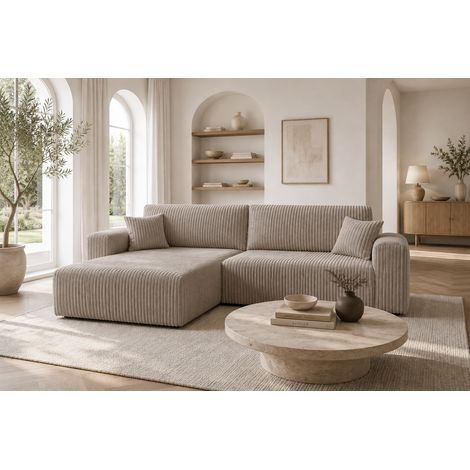 Divano angolare 3 posti convertibile in velluto a coste beige MELO (1/4)