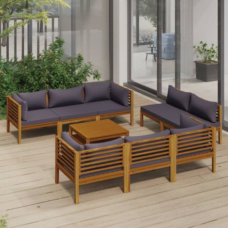 9 pcs Salon de jardin, Ensemble table et chaises de jardin, Meuble de jardin avec coussin Bois d'acacia solide MKW848245 (1/5)