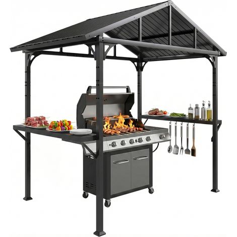 Grillpavillon 2.52 x 1.56 m. Wasserdicht Grill Pavillon mit Satteldach Seitenablage Haken Stahlrahmen Schwarz (1/4)