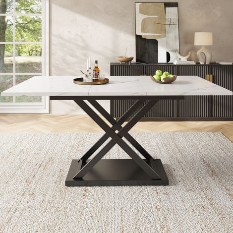 Tavolo da pranzo allungabile 120-160/80/75 cm bianco marmorizzato con gambe incrociate nere (1/5)