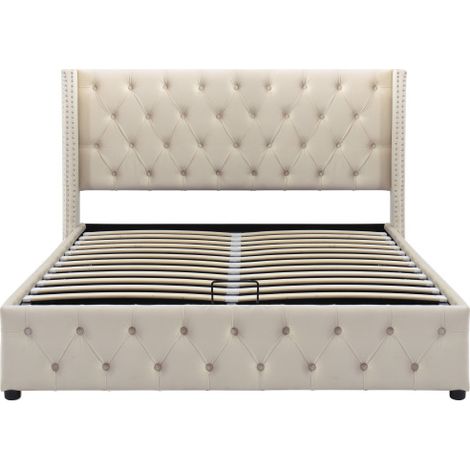 Lit double 140x200 velours beige forme oreilles rivets coffre hydraulique