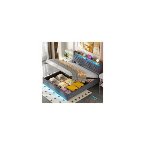Lit coffre 180x200 cm avec LED et ports USB, tissu velours gris foncé, convient aux enfants (Sans Matelas) (1/5)