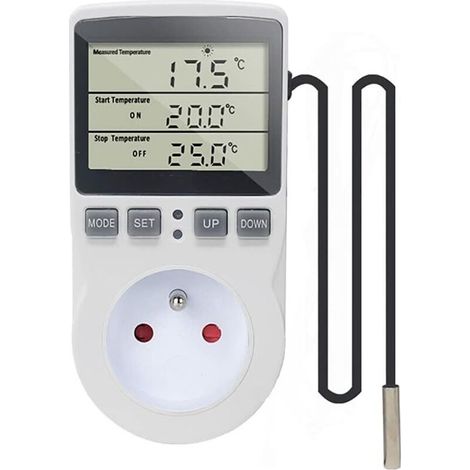 Prise Thermostat, Regulateur de Temperature, Chauffage Refroidissement Thermostat, Regulateur Numérique Thermostat avec Sonde, LCD Prise Contrôleur de Température pour Terrarium Aquarium Serre (1/5)