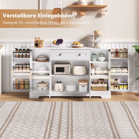 Meuble de rangement cuisine moderne 138 cm – Armoire basse multifonction avec tiroir, portes et tablettes ajustables – Système anti-chute intégré, parfait pour séjour, chambre et salle à manger (1/5)