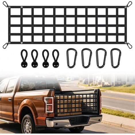 Filet de Chargement pour Lit de Camion, Filet de Hayon pour Camionnette 152x46cm avec 4 Sangles et Mousquetons, Filet de Chargement Robuste 680kg, Filet de Chargement Sangle pour Pick-up SUV Remorque (1/5)