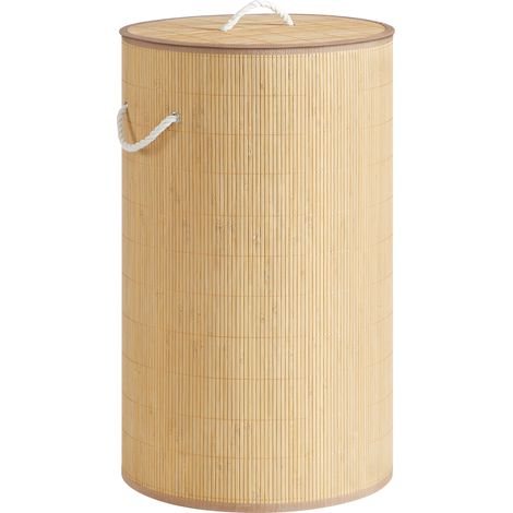 Panier à Linge avec Couvercle, 90 L, Corbeille à Linge Sale en Bambou, Rond, avec Poignées, Pliable, Sac Amovible Lavable en Machine, Couleur Naturelle