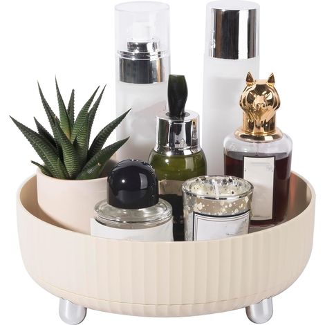 Plateau de rangement rotatif à 360° petit format, blanc ivoire, pour maquillage et parfums – idéal pour coiffeuse et salle de bain